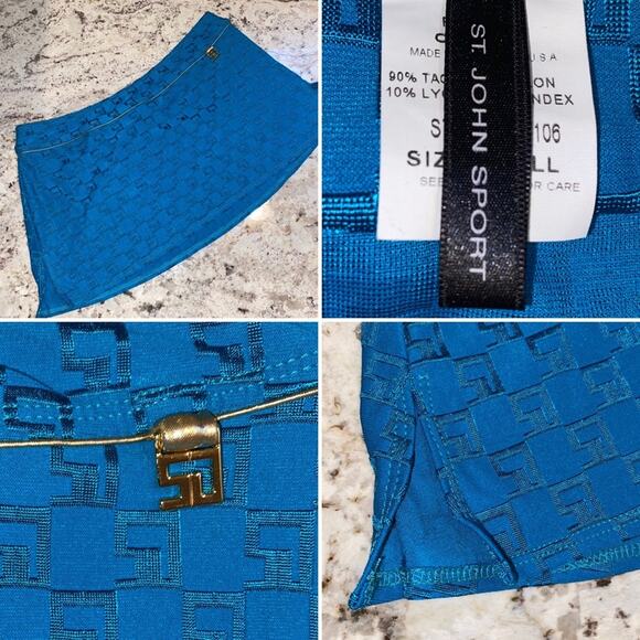 St John | Sport SJ Monogram Fabric Print Blue Swim Skirt w Gold Trim Small EUC - Picture 1 of 10
